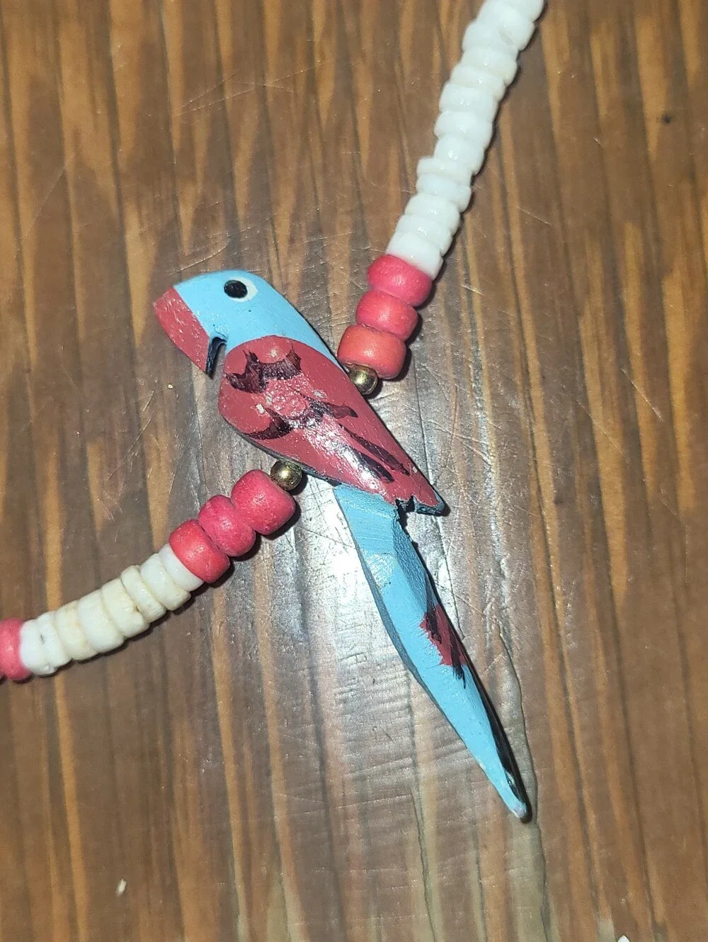 Vintage 1970s Hand-Painted Wooden Parrot & White Heishi Shell Bead Necklace